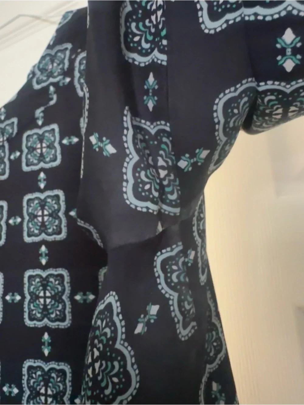 Ann Taylor Navy Blouse with Teal and White Medallion Pattern